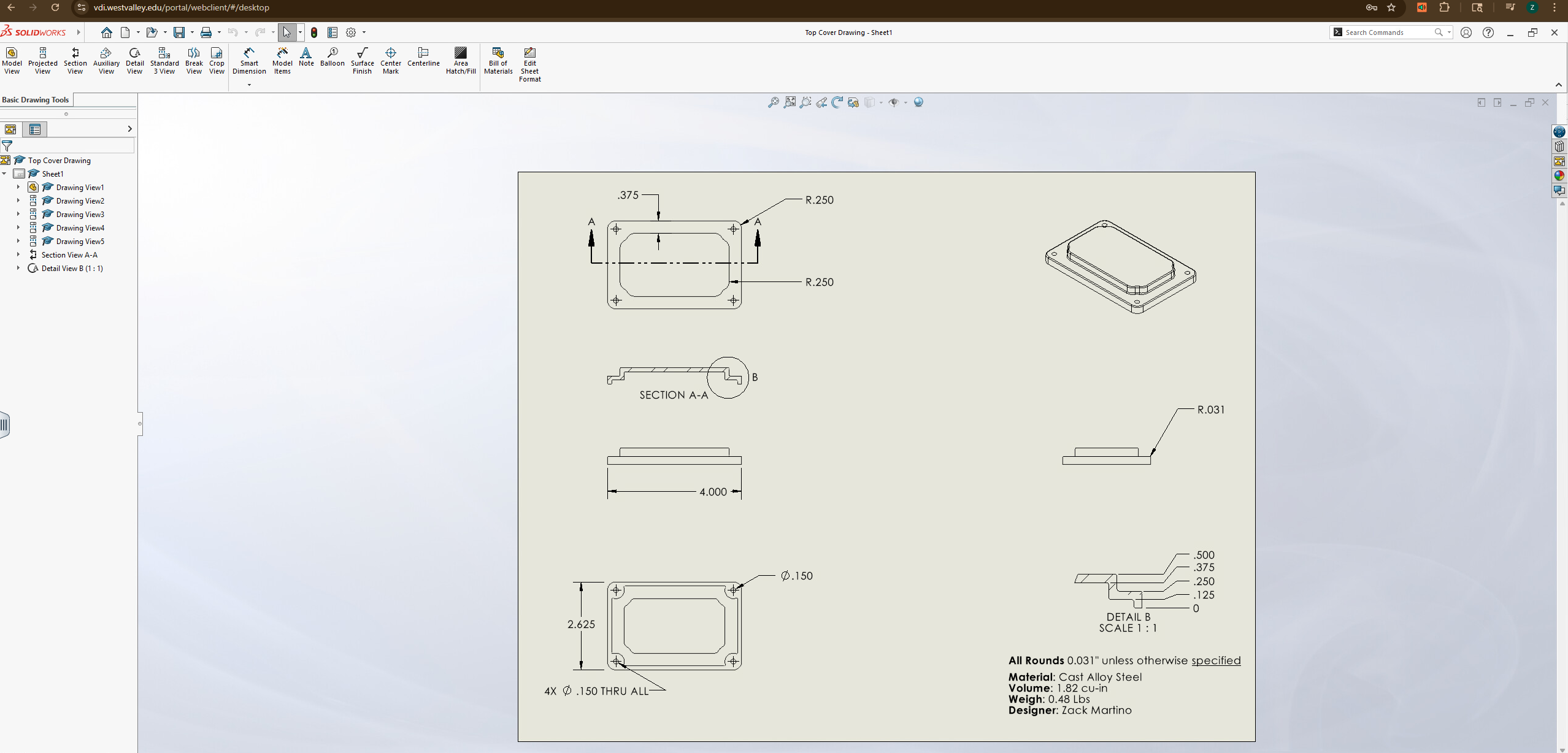 Top cover technical drawing — cast alloy steel, multi-view with section and detail callouts